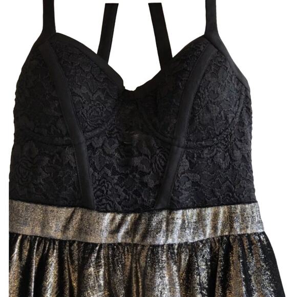 BeBe Lace Metallic Velvet Skater Dress Womens XXS Black Gold Goth Flapper Sheer - Picture 10 of 14